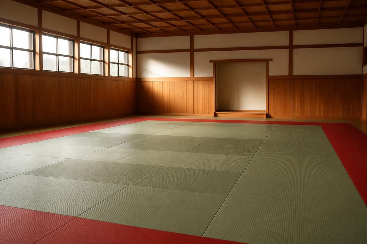 畳が敷かれた人のいない柔道場